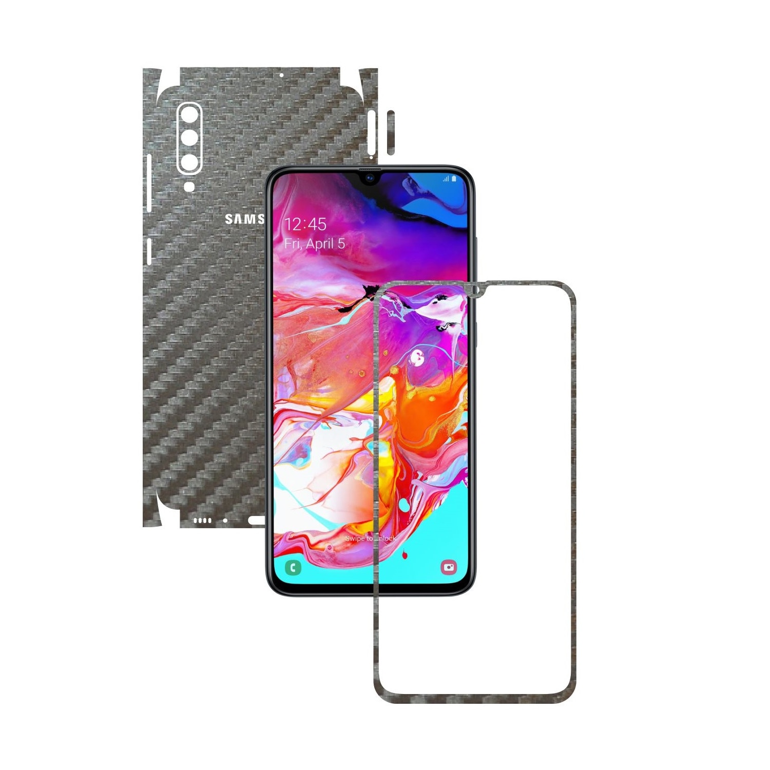 Folie Protectie Carbon Skinz pentru Samsung Galaxy A70 - Carbon Gri Argintiu 360 Cut, Skin Adeziv Full Body Cover pentru Rama Ecran, Carcasa Spate si Laterale