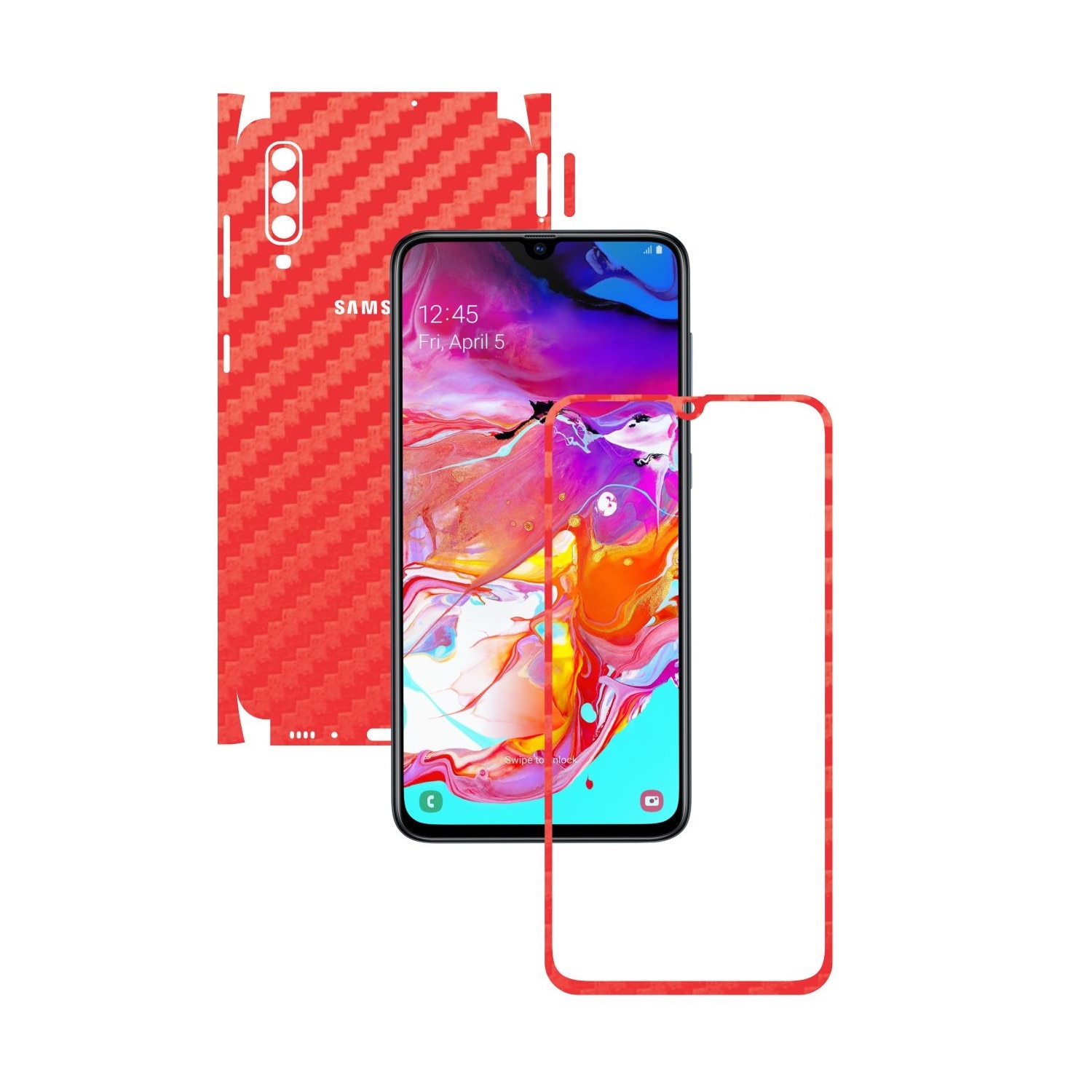 Folie Protectie Carbon Skinz pentru Samsung Galaxy A70 - Carbon Rosu 360 Cut, Skin Adeziv Full Body Cover pentru Rama Ecran, Carcasa Spate si Laterale