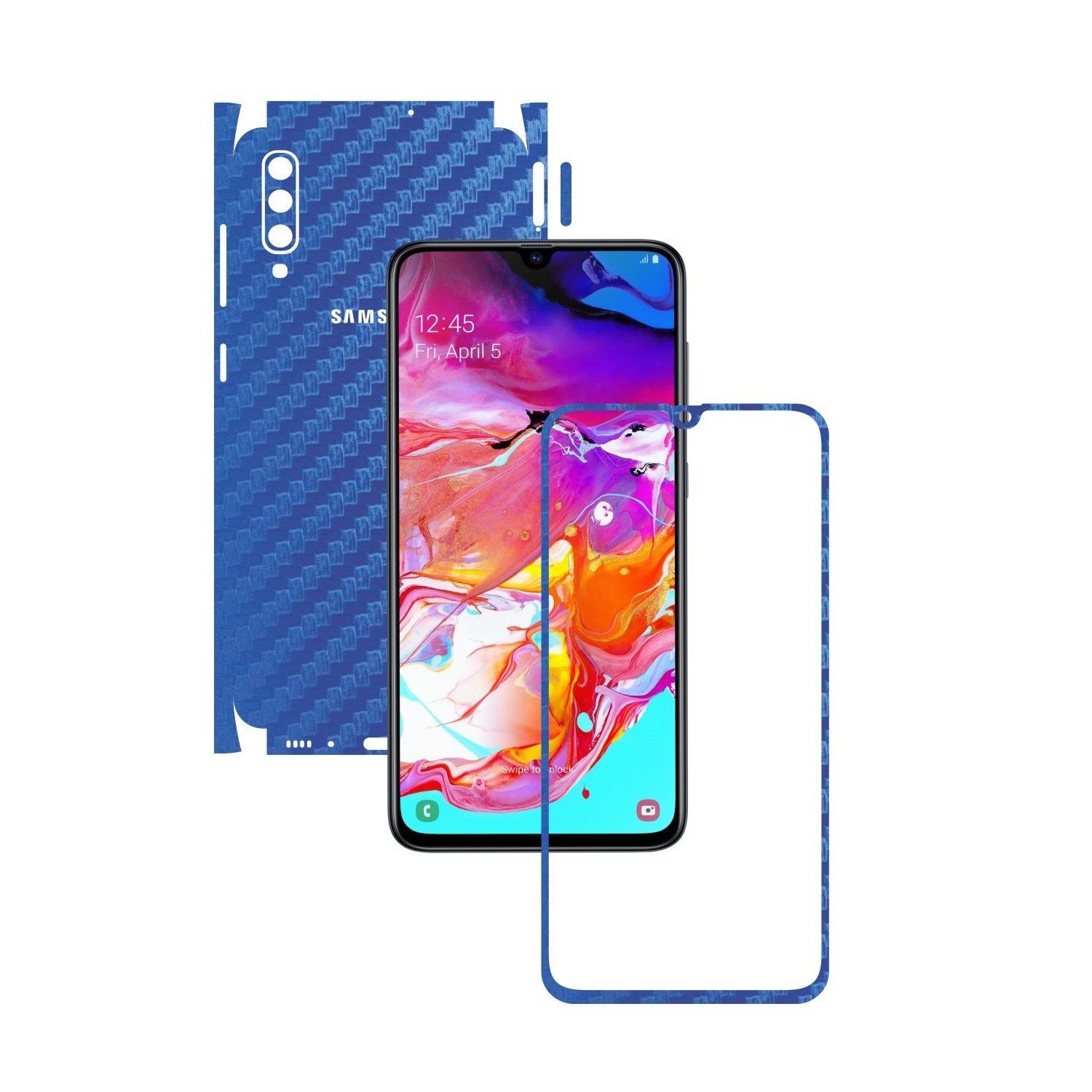 Folie Protectie Carbon Skinz pentru Samsung Galaxy A70 - Carbon Albastru 360 Cut, Skin Adeziv Full Body Cover pentru Rama Ecran, Carcasa Spate si Laterale