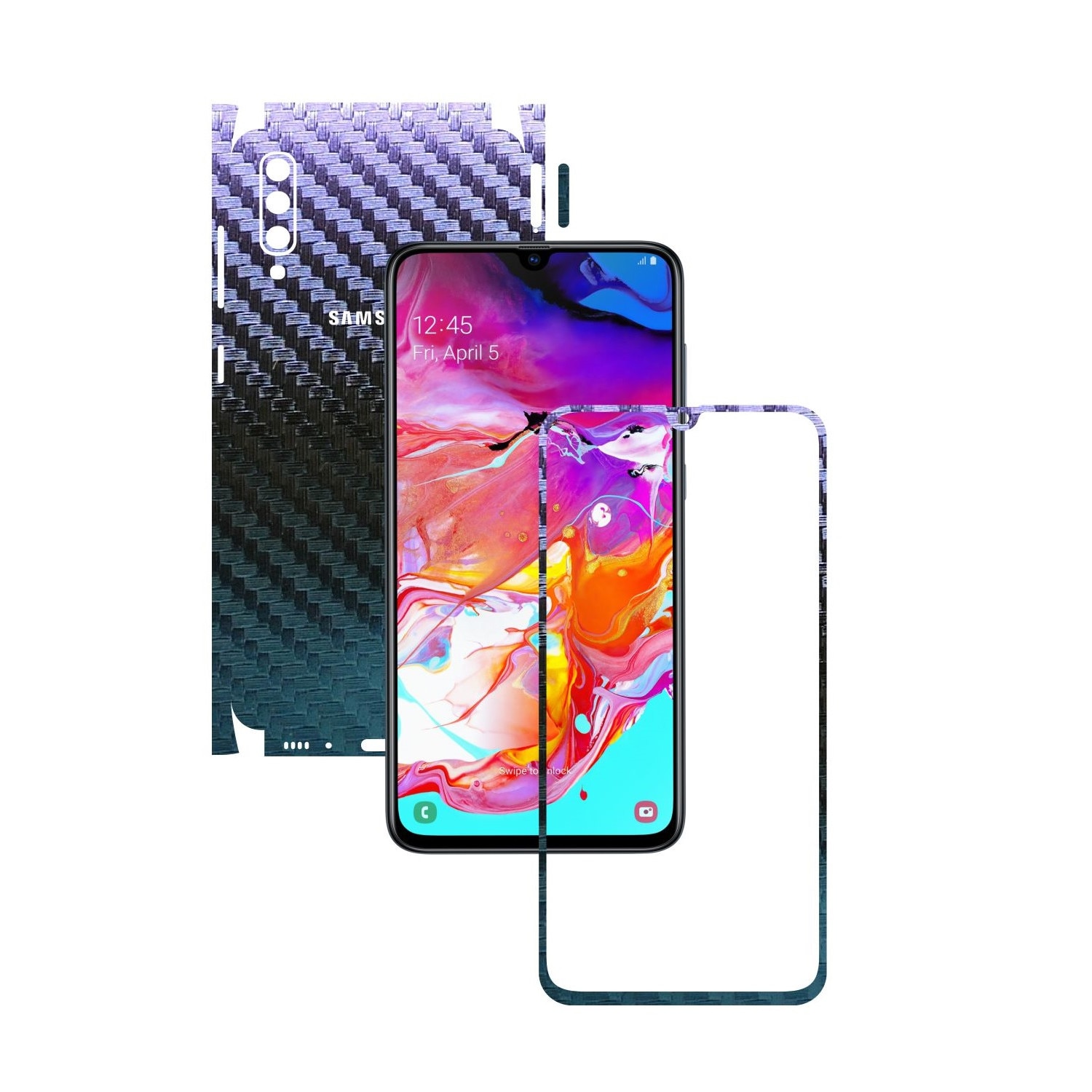 Folie Protectie Carbon Skinz pentru Samsung Galaxy A70 - Carbon Cameleon 360 Cut, Skin Adeziv Full Body Cover pentru Rama Ecran, Carcasa Spate si Laterale