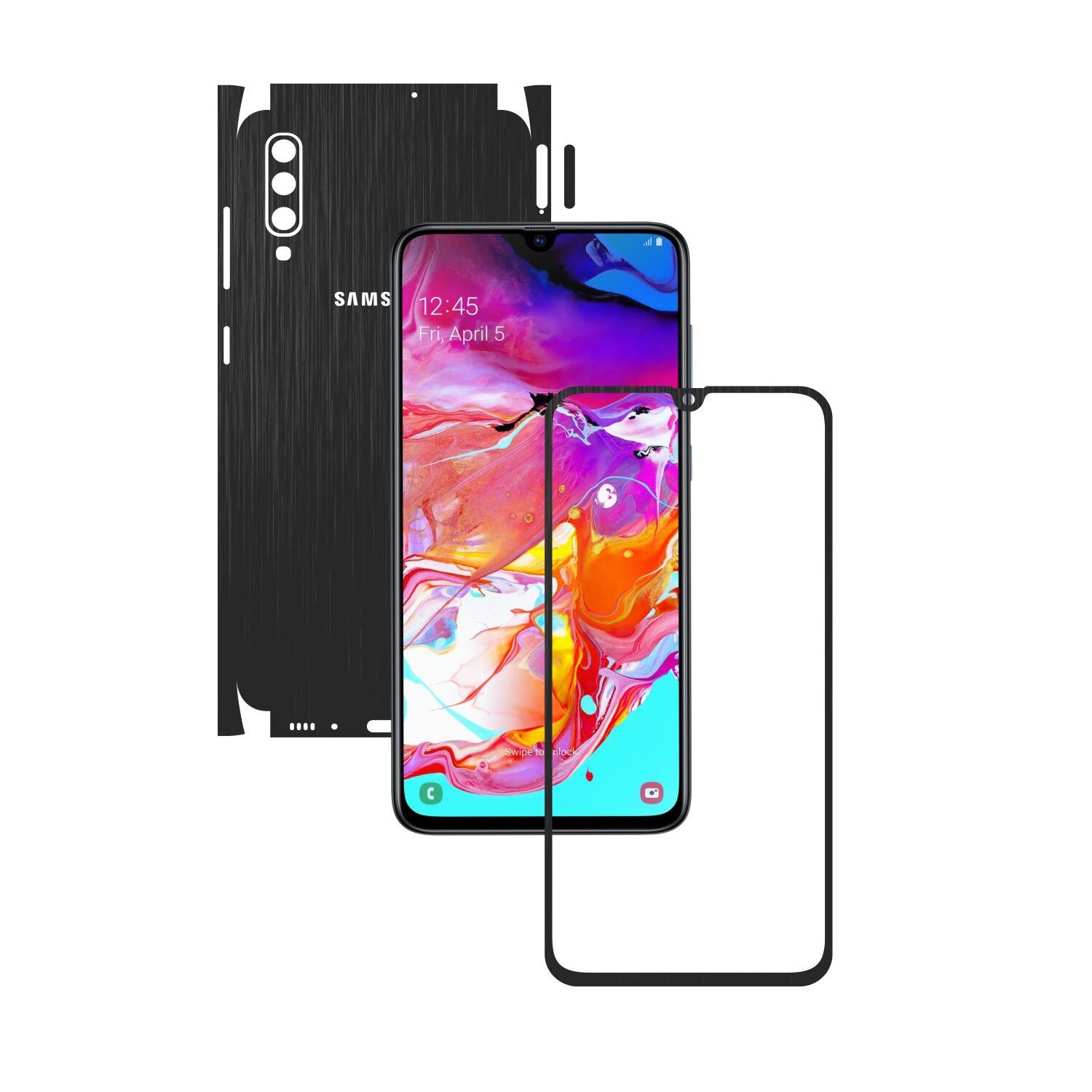 Folie Protectie Carbon Skinz pentru Samsung Galaxy A70 - Brushed Negru 360 Cut, Skin Adeziv Full Body Cover pentru Rama Ecran, Carcasa Spate si Laterale