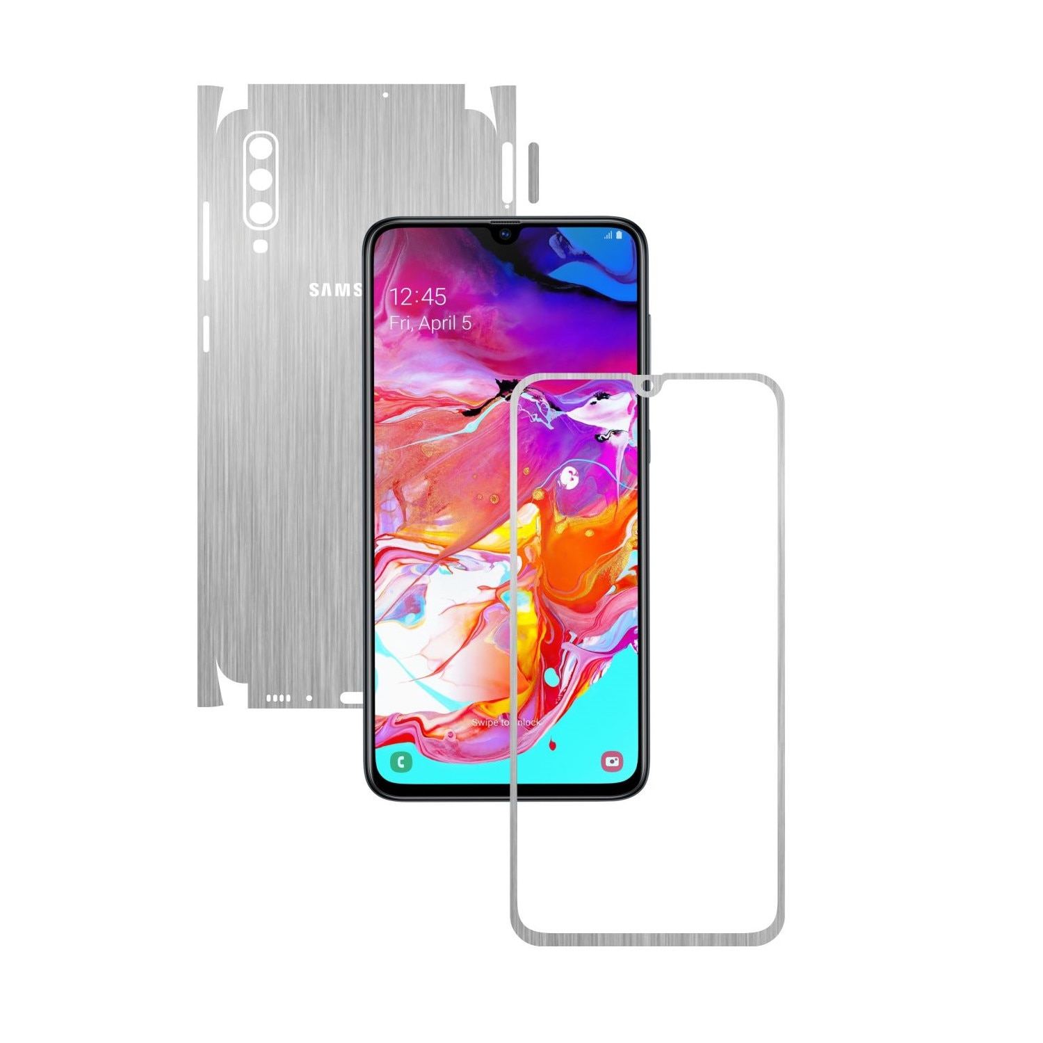 Folie Protectie Carbon Skinz pentru Samsung Galaxy A70 - Brushed Argintiu 360 Cut, Skin Adeziv Full Body Cover pentru Rama Ecran, Carcasa Spate si Laterale