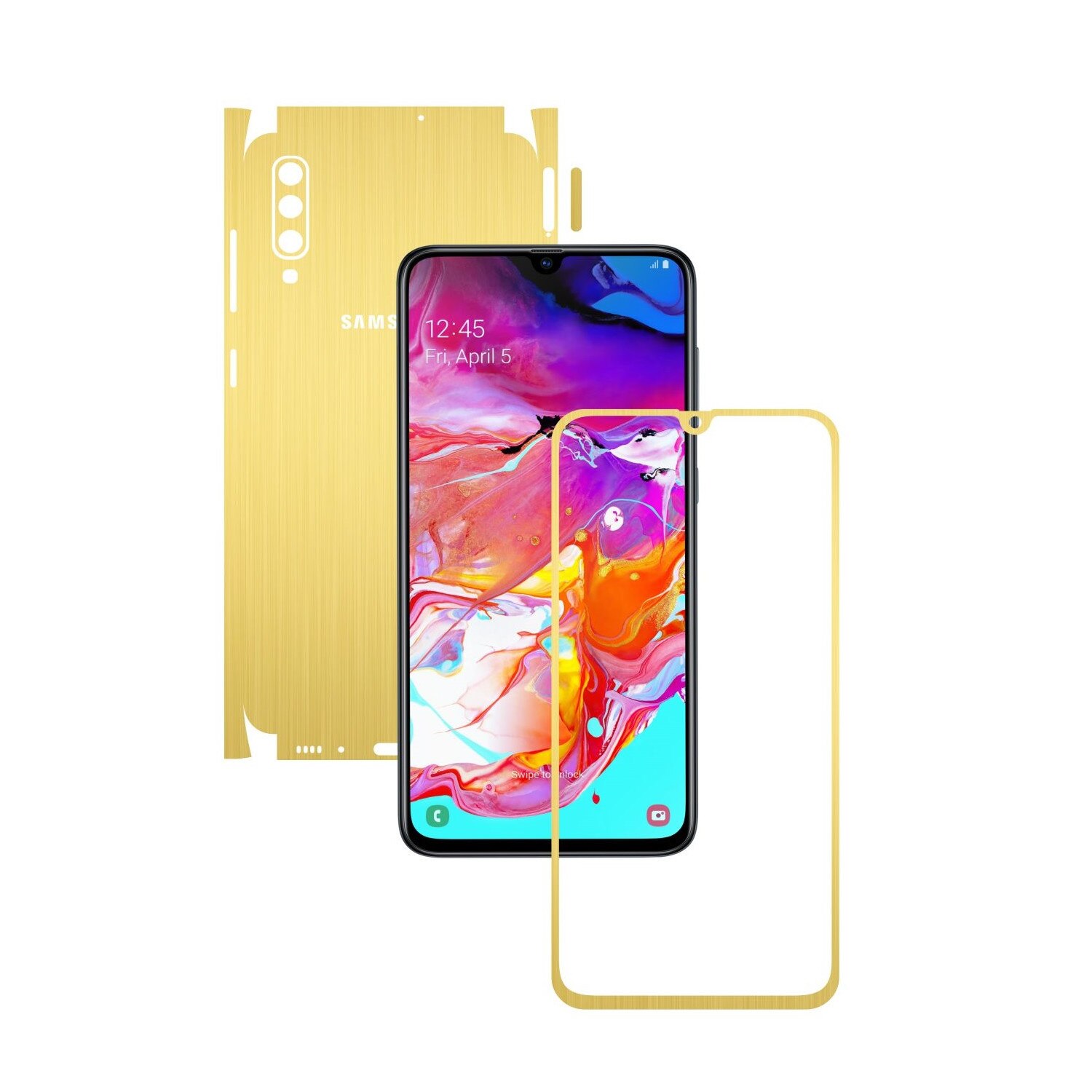 Folie Protectie Carbon Skinz pentru Samsung Galaxy A70 - Brushed Auriu 360 Cut, Skin Adeziv Full Body Cover pentru Rama Ecran, Carcasa Spate si Laterale