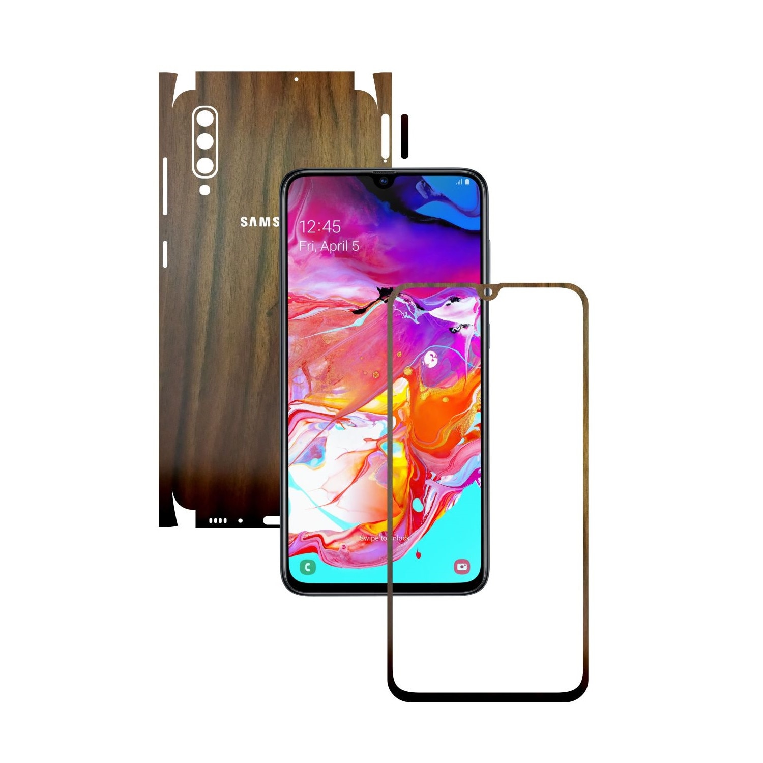 Folie Protectie Carbon Skinz pentru Samsung Galaxy A70 - Lemn Nuc 360 Cut, Skin Adeziv Full Body Cover pentru Rama Ecran, Carcasa Spate si Laterale