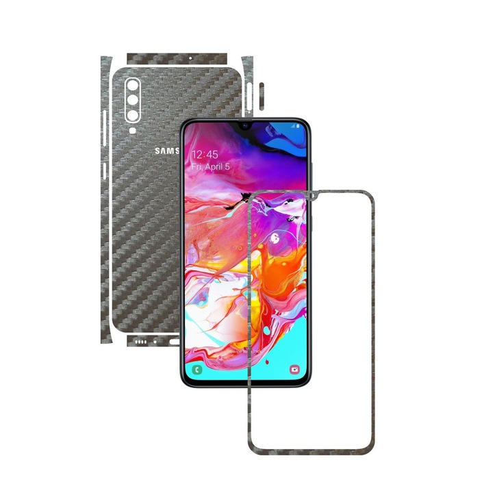 Folie Protectie Carbon Skinz pentru Samsung Galaxy A70 - Carbon Gri Argintiu Split Cut, Skin Adeziv Full Body Cover pentru Rama Ecran, Carcasa Spate si Laterale