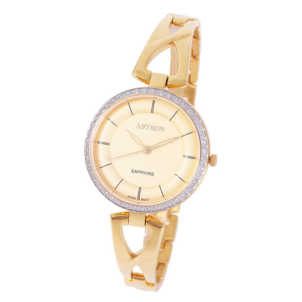 Ceas colier de dama ASTRON, mecanism quartz, carcasa si bratara aurie, cadran galben deschis, 30 mm