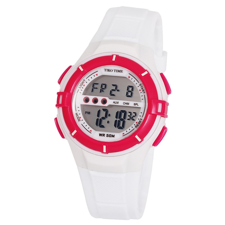 Ceas de dama Tiko Time, material plastic, mecanism quartz, culoare ciclama, cu alb, afisaj LCD, 36 mm