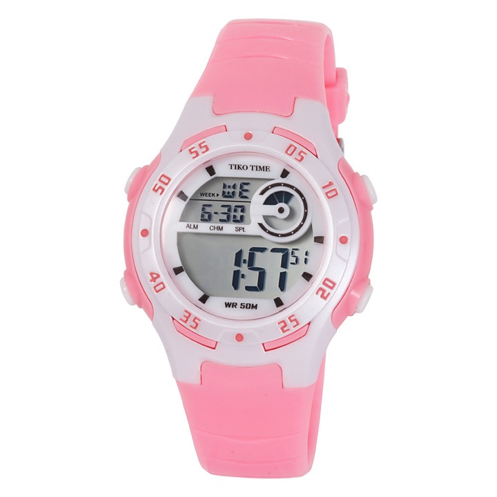 Ceas de dama Tiko Time, material plastic, mecanism quartz, culoare roy si alb, afisaj LCD, 36 mm