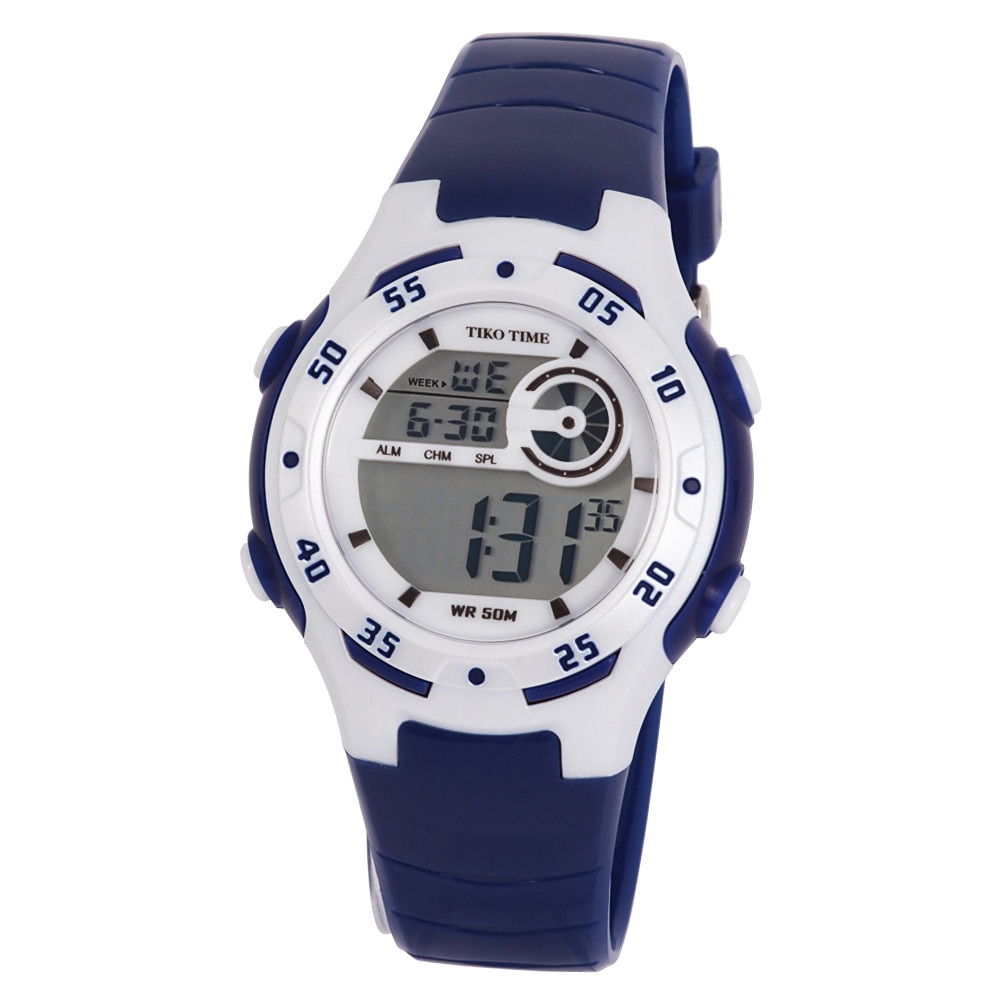 Ceas de dama Tiko Time, material plastic, mecanism quartz, culoare albastru si alb, afisaj LCD, 36 mm