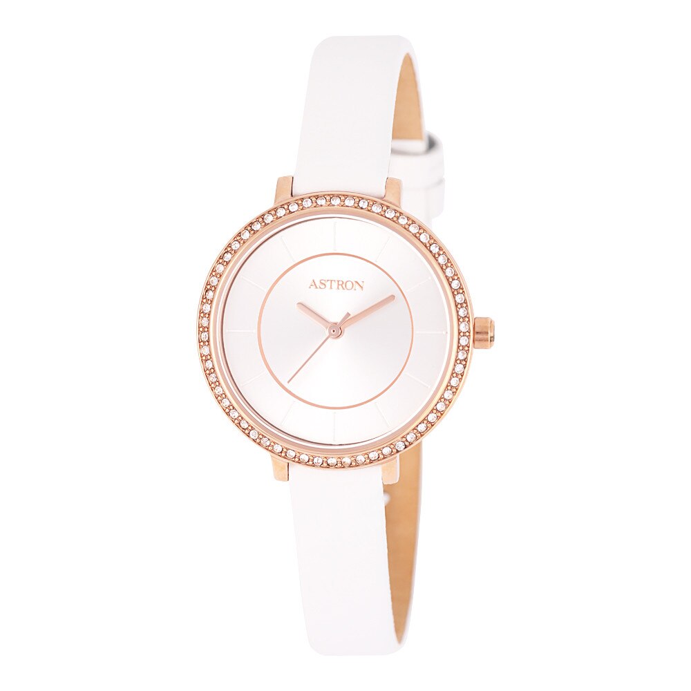 Ceas de dama ASTRON, mecanism quartz, carcasa rosegold, curea alba, cadran argintiu, 30 mm