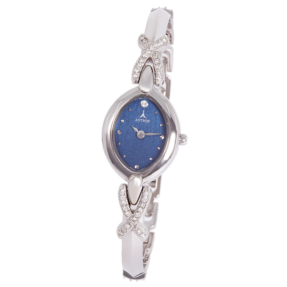 Ceas colier de dama ASTRON carcasa argintie, cadran albastru, 34x18 mm