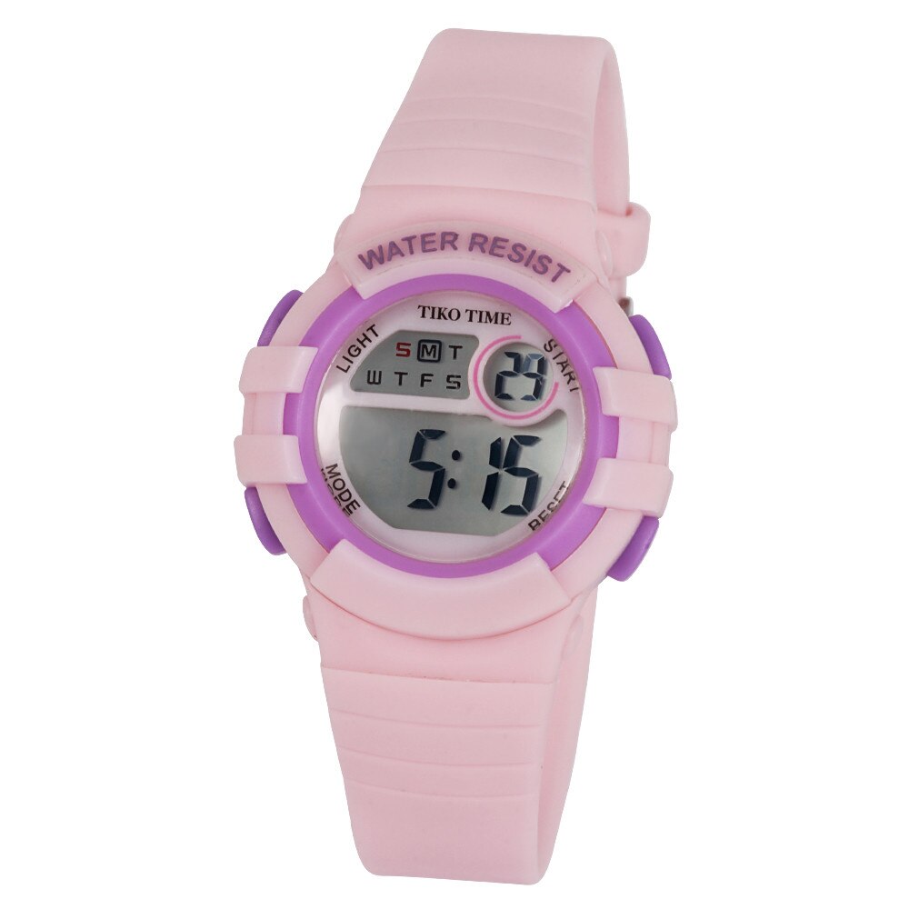 Ceas de dama Tiko Time, material plastic, mecanism quartz, culoare roz si mov, afisaj LCD, 34 mm