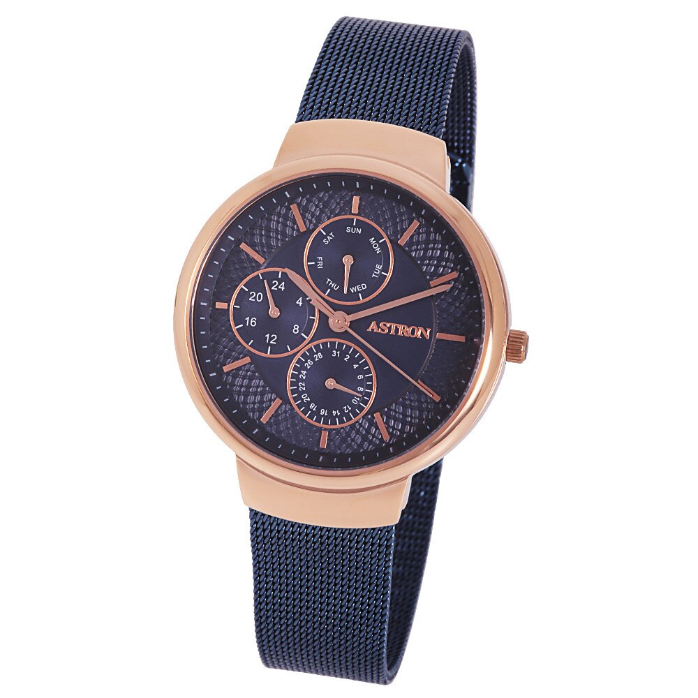 Ceas de dama ASTRON, mecanism quartz, carcasa rosegold, bratara albastra, cadran albastru, 35 mm