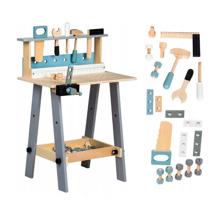 Работна маса, HANDYMAN, с инструменти и аксесоари, Дърво, 32 части, 75 см височина, Син/сив