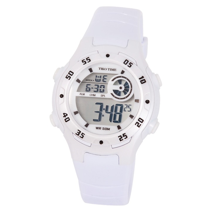 Ceas de dama Tiko Time, material plastic, mecanism quartz, culoare alba, afisaj LCD, 36 mm