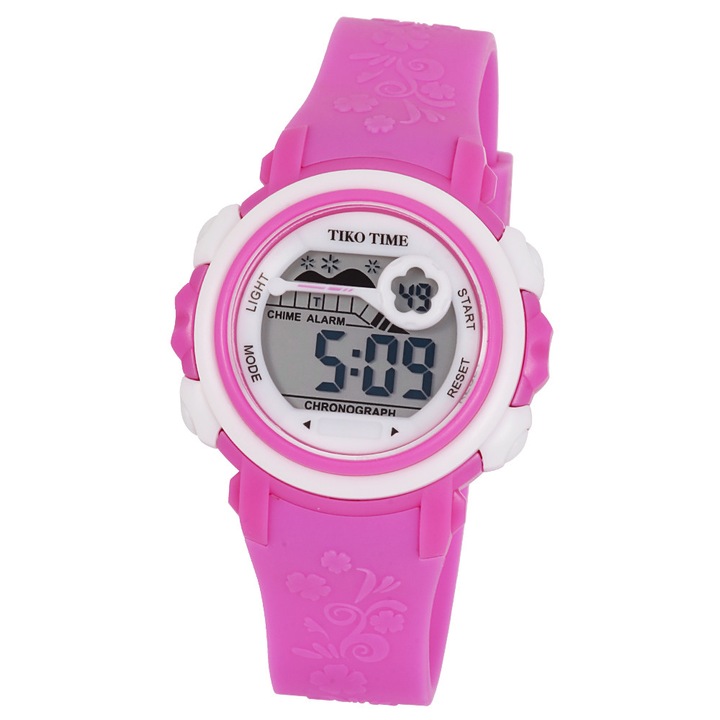 Ceas de dama Tiko Time, material plastic, mecanism quartz, culoare ciclama, cu alb, afisaj LCD, 36 mm