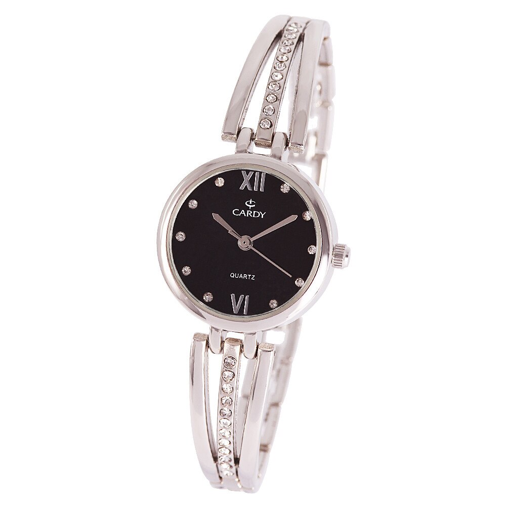 Ceas dama CARDY, mecanism quartz, carcasa si bratara argintie, cadran negru, 24 mm