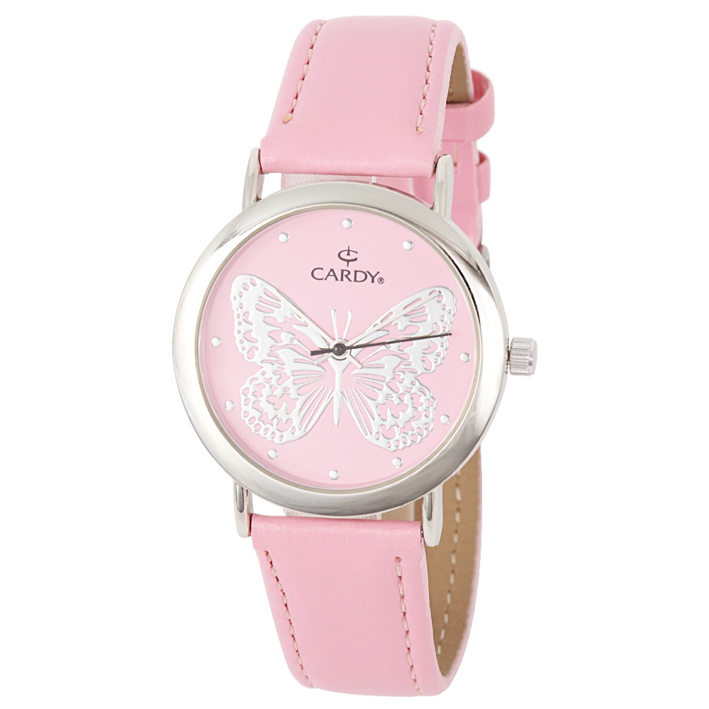 Ceas dama CARDY, mecanism quartz, carcasa argintie, curea roz, cadran roz, 35 mm