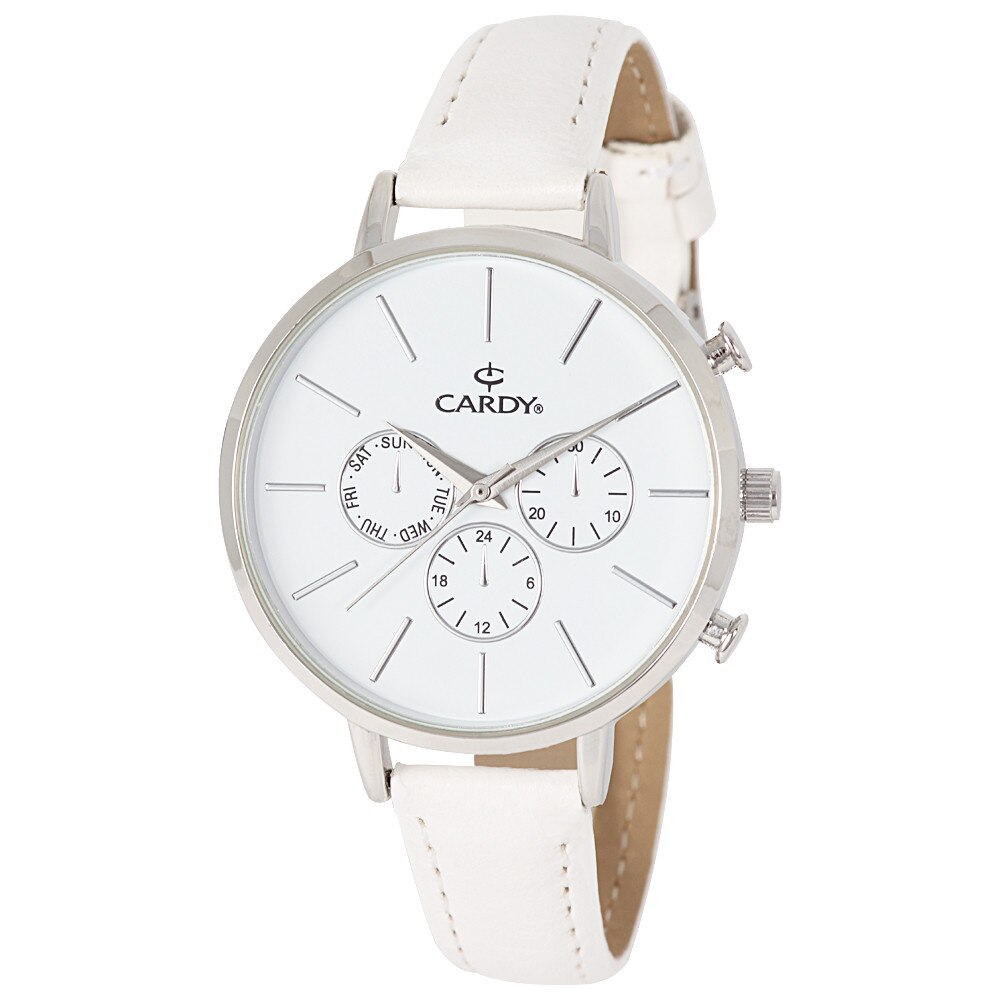 Ceas dama CARDY, mecanism quartz, carcasa argintie, curea alba, cadran alb, 39 mm