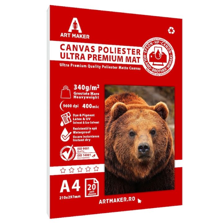 Canvas Poliester, Ultra Premium Mat, 340g/mp, A4, 20 coli, Waterproof