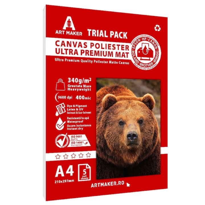 Canvas Poliester, Ultra Premium Mat, 340g/mp, A4, 5 coli, Waterproof - Trial Pack