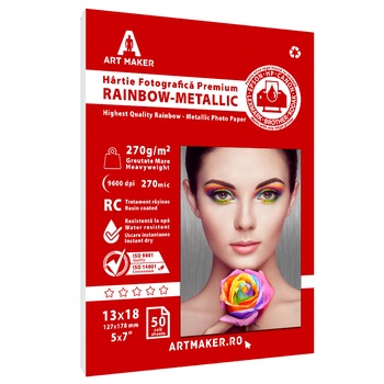 Hartie foto metalica rainbow, premium, 270g/mp, RC, 13x18, 50 coli Hartie foto metalica rainbow, premium, 270g/mp, RC, 13x18, 50 coli