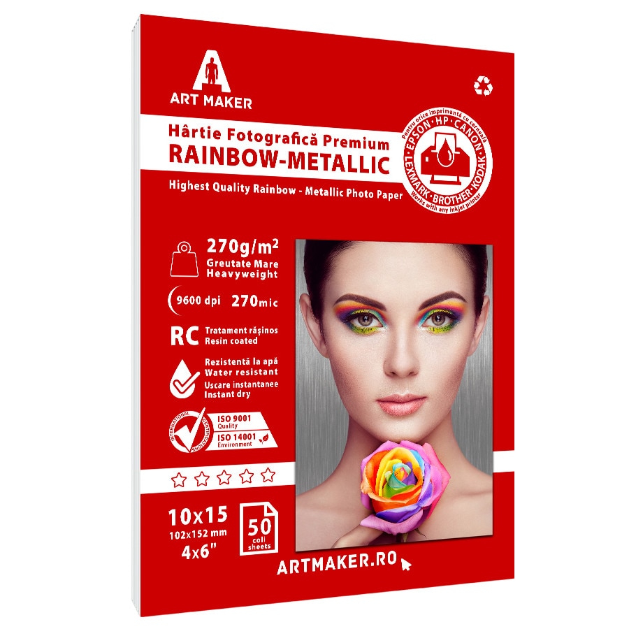 Hartie foto metalica rainbow, premium, 270g/mp, RC, 10x15, 50 coli
