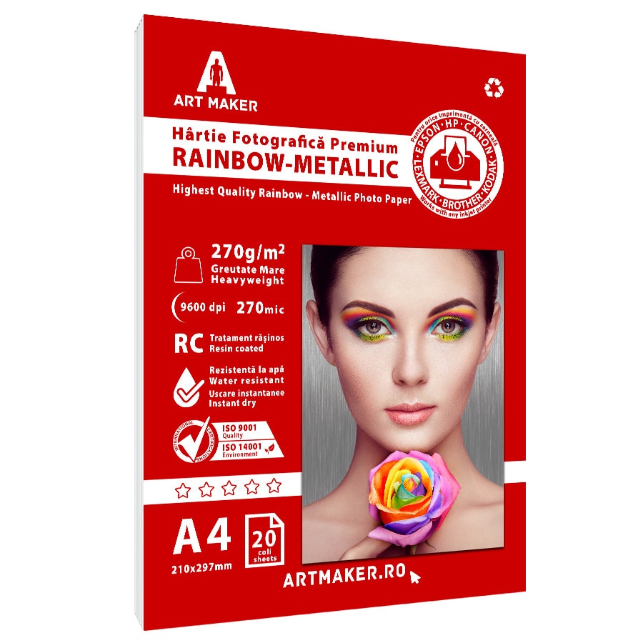 Hartie foto metalica rainbow, premium, 270g/mp, RC, A4, 20 coli