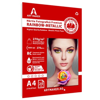 Hartie foto metalica rainbow, premium, 270g/mp, RC, A4, 20 coli Hartie foto metalica rainbow, premium, 270g/mp, RC, A4, 20 coli