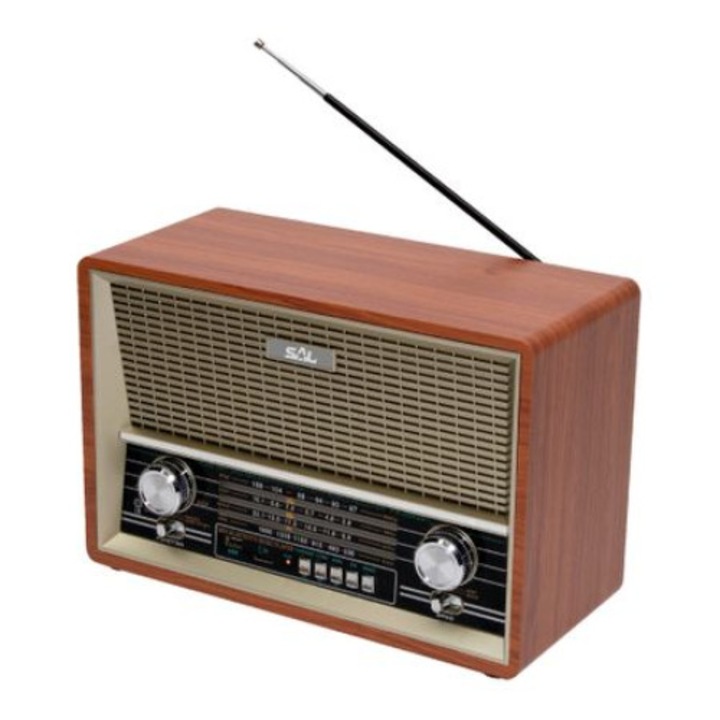 Radio portabil retro SAL, RRT4B, 4 functii, BT cu MP3 cu AUX cu 4 benzi, telecomanda, Maro