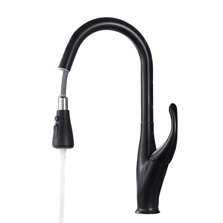 Смесител AquaSpa, Лебедов чучур, С разтегателен душ, Черен