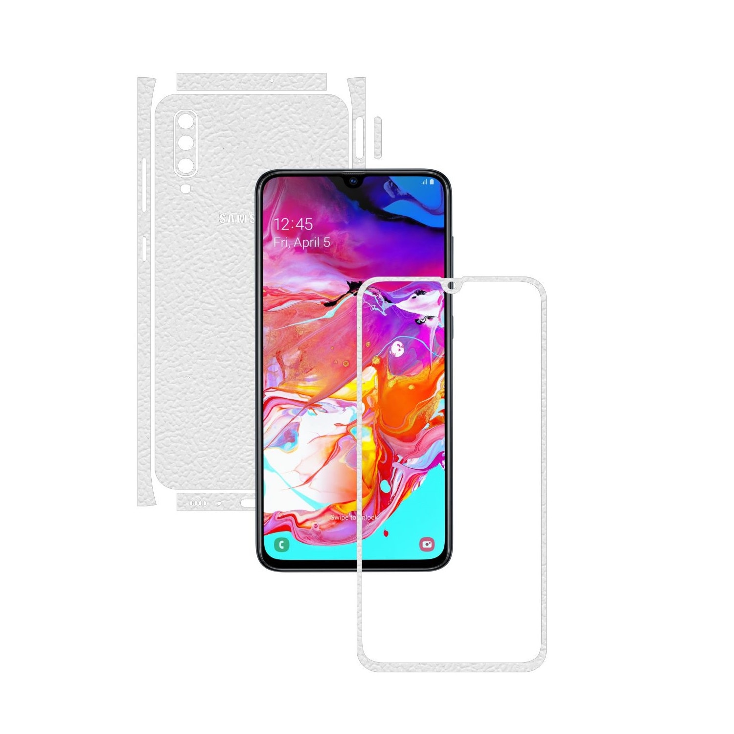 Folie Protectie Carbon Skinz pentru Samsung Galaxy A70 - Piele Alba Split Cut, Skin Adeziv Full Body Cover pentru Rama Ecran, Carcasa Spate si Laterale