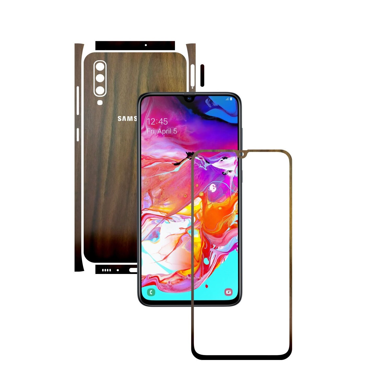 Folie Protectie Carbon Skinz pentru Samsung Galaxy A70 - Lemn Nuc Split Cut, Skin Adeziv Full Body Cover pentru Rama Ecran, Carcasa Spate si Laterale