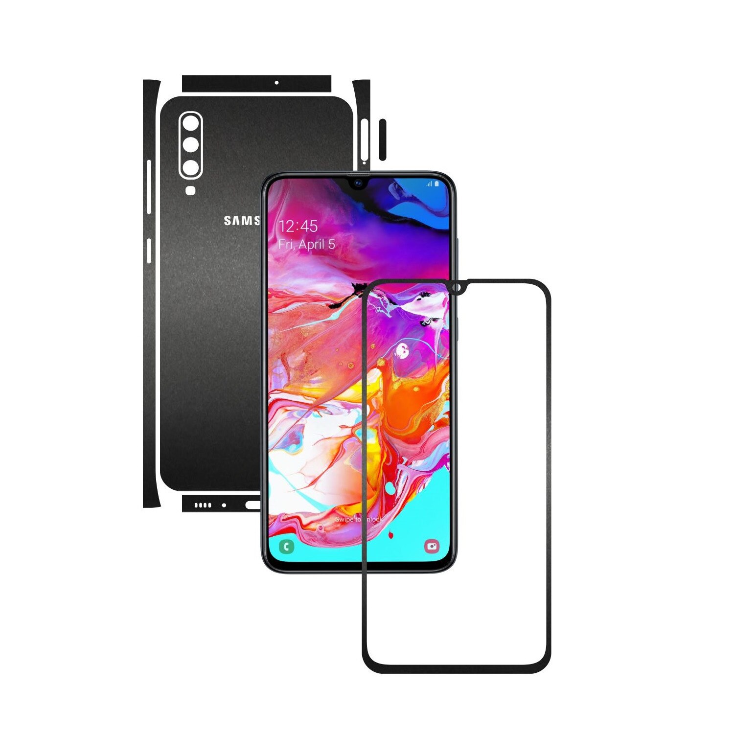 Folie Protectie Carbon Skinz pentru Samsung Galaxy A70 - Negru Mat Split Cut, Skin Adeziv Full Body Cover pentru Rama Ecran, Carcasa Spate si Laterale