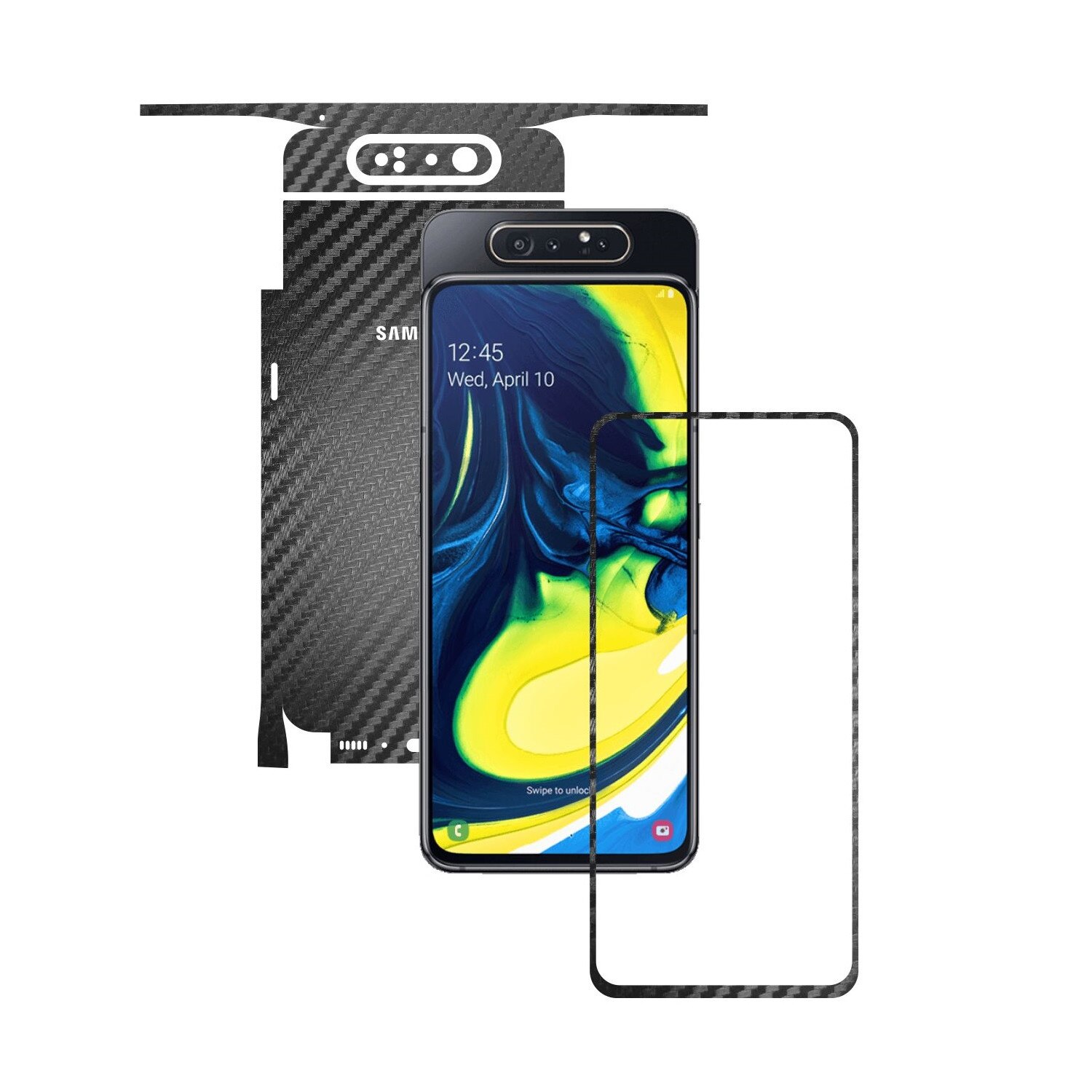 Folie Protectie Carbon Skinz pentru Samsung Galaxy A80 - Carbon Negru 360 Cut, Skin Adeziv Full Body Cover pentru Rama Ecran, Carcasa Spate si Laterale