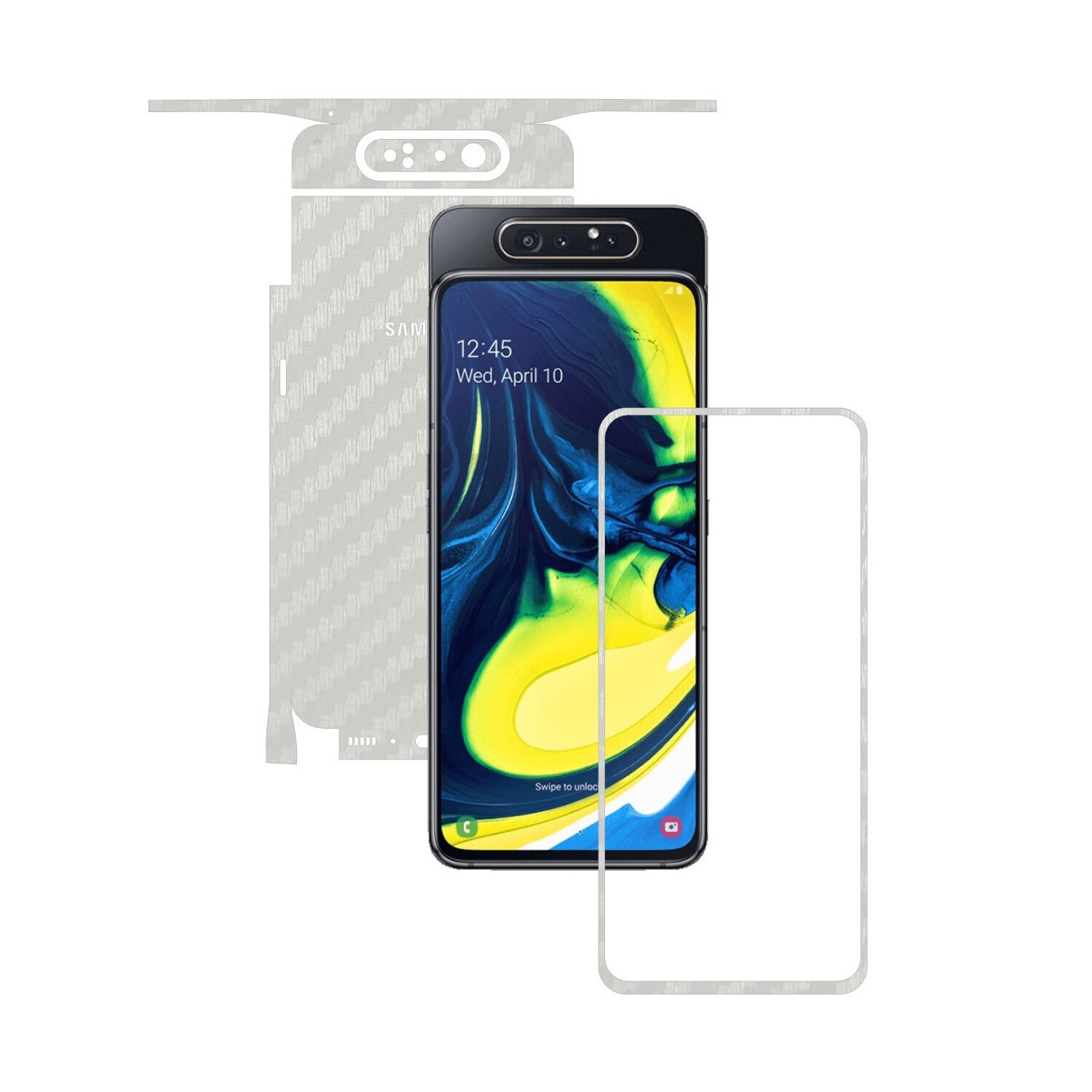 Folie Protectie Carbon Skinz pentru Samsung Galaxy A80 - Carbon Alb 360 Cut, Skin Adeziv Full Body Cover pentru Rama Ecran, Carcasa Spate si Laterale