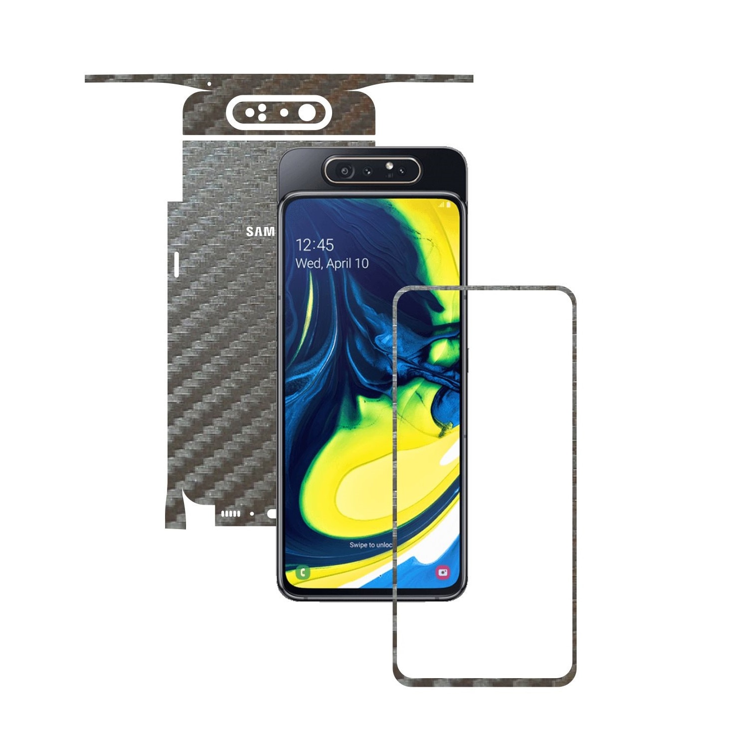 Folie Protectie Carbon Skinz pentru Samsung Galaxy A80 - Carbon Gri Argintiu 360 Cut, Skin Adeziv Full Body Cover pentru Rama Ecran, Carcasa Spate si Laterale