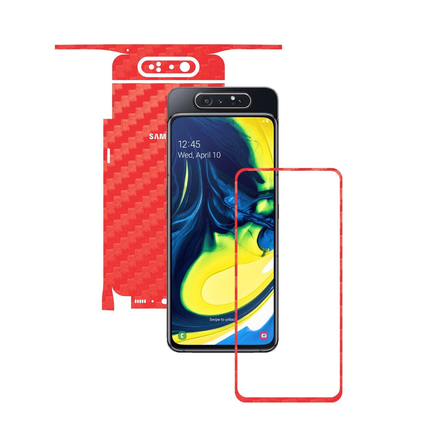 Folie Protectie Carbon Skinz pentru Samsung Galaxy A80 - Carbon Rosu 360 Cut, Skin Adeziv Full Body Cover pentru Rama Ecran, Carcasa Spate si Laterale