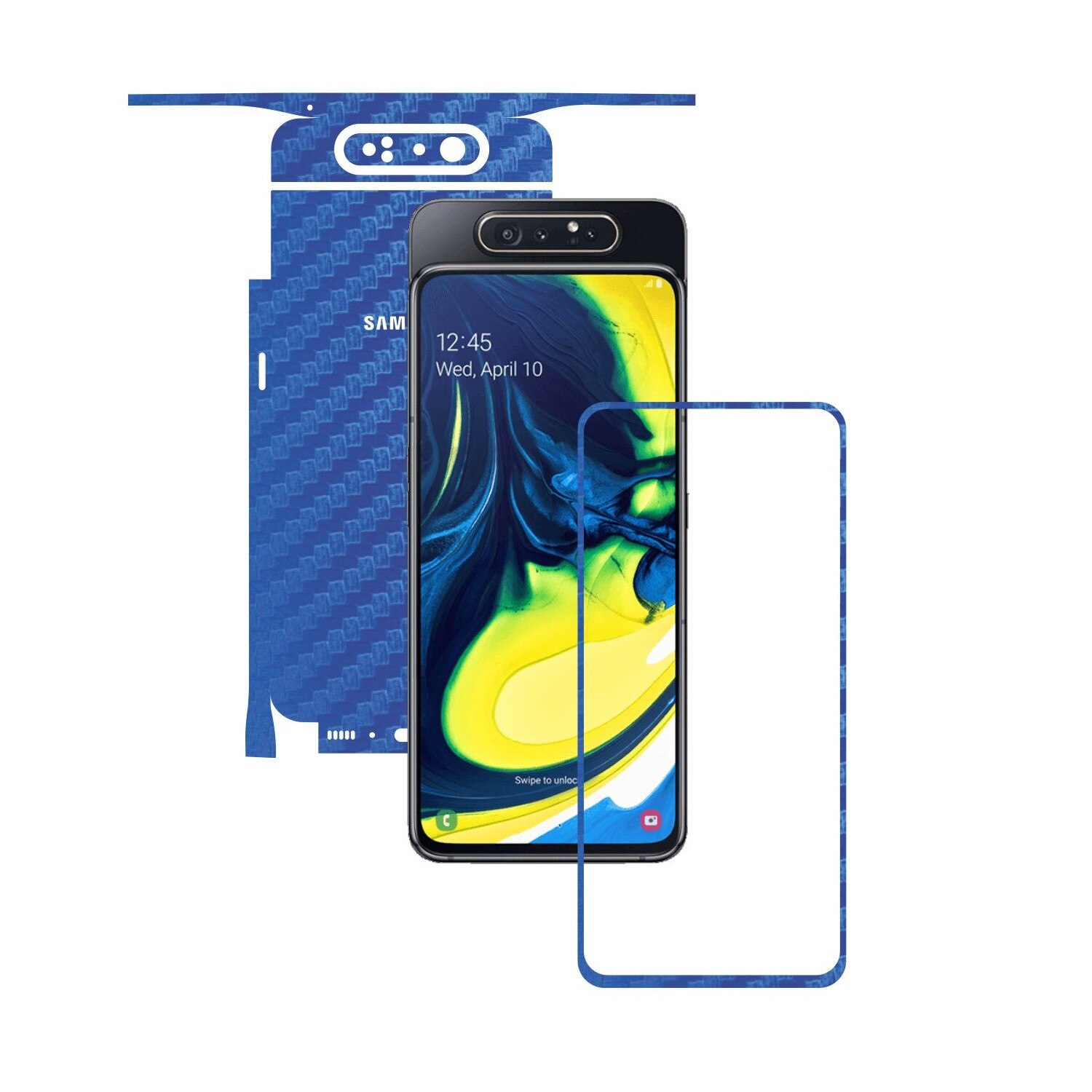 Folie Protectie Carbon Skinz pentru Samsung Galaxy A80 - Carbon Albastru 360 Cut, Skin Adeziv Full Body Cover pentru Rama Ecran, Carcasa Spate si Laterale