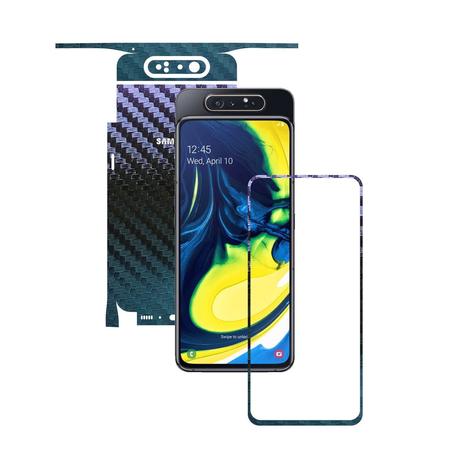 Folie Protectie Carbon Skinz pentru Samsung Galaxy A80 - Carbon Cameleon 360 Cut, Skin Adeziv Full Body Cover pentru Rama Ecran, Carcasa Spate si Laterale