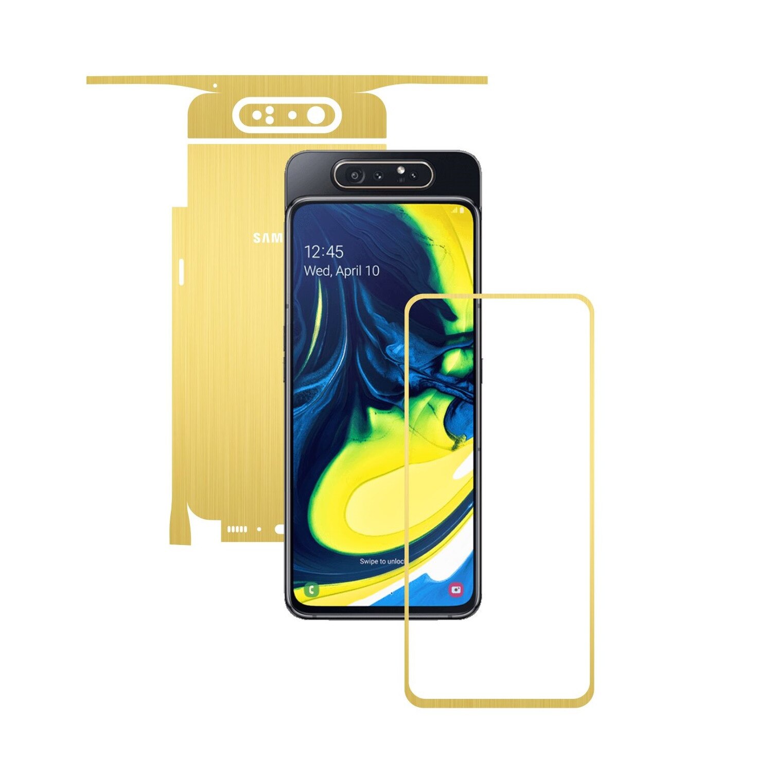 Folie Protectie Carbon Skinz pentru Samsung Galaxy A80 - Brushed Auriu 360 Cut, Skin Adeziv Full Body Cover pentru Rama Ecran, Carcasa Spate si Laterale