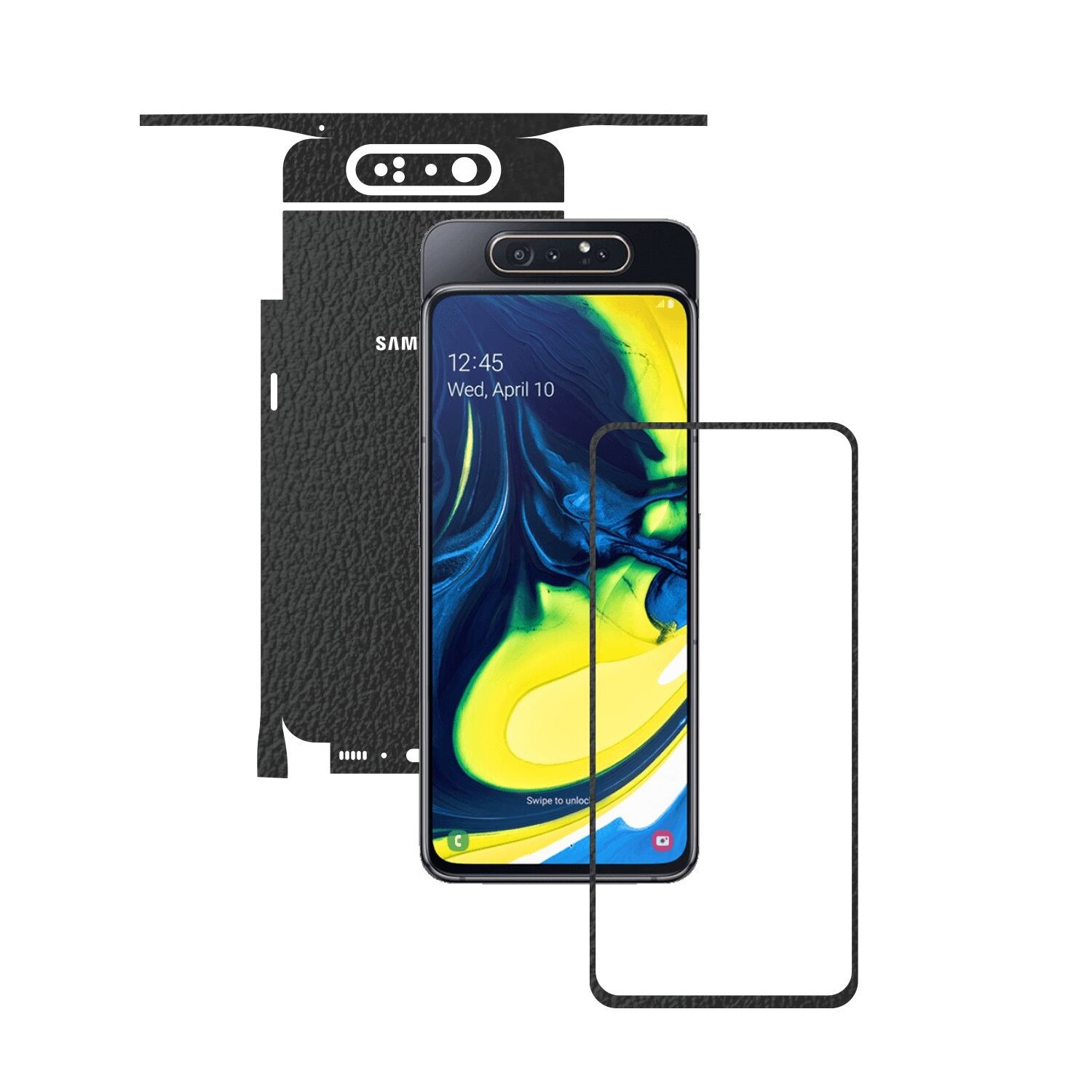 Folie Protectie Carbon Skinz pentru Samsung Galaxy A80 - Piele Neagra 360 Cut, Skin Adeziv Full Body Cover pentru Rama Ecran, Carcasa Spate si Laterale