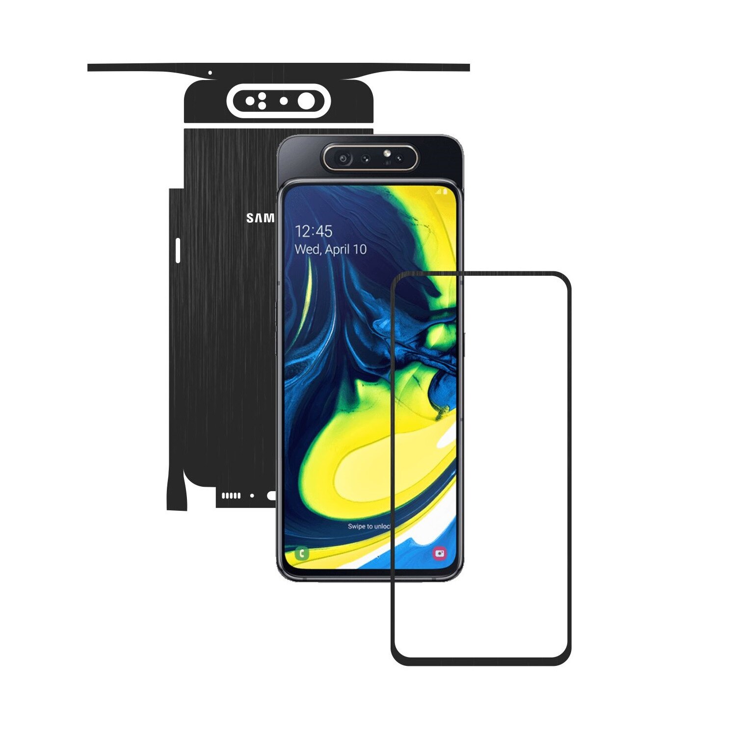 Folie Protectie Carbon Skinz pentru Samsung Galaxy A80 - Brushed Negru 360 Cut, Skin Adeziv Full Body Cover pentru Rama Ecran, Carcasa Spate si Laterale