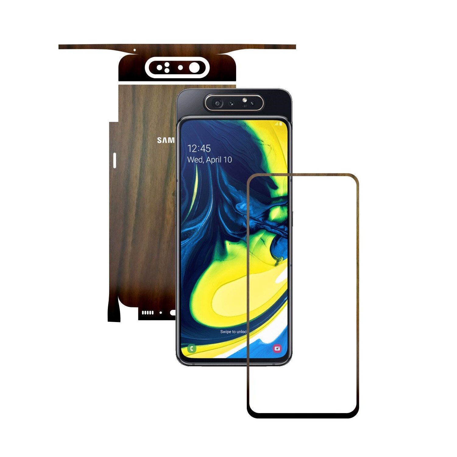 Folie Protectie Carbon Skinz pentru Samsung Galaxy A80 - Lemn Nuc 360 Cut, Skin Adeziv Full Body Cover pentru Rama Ecran, Carcasa Spate si Laterale