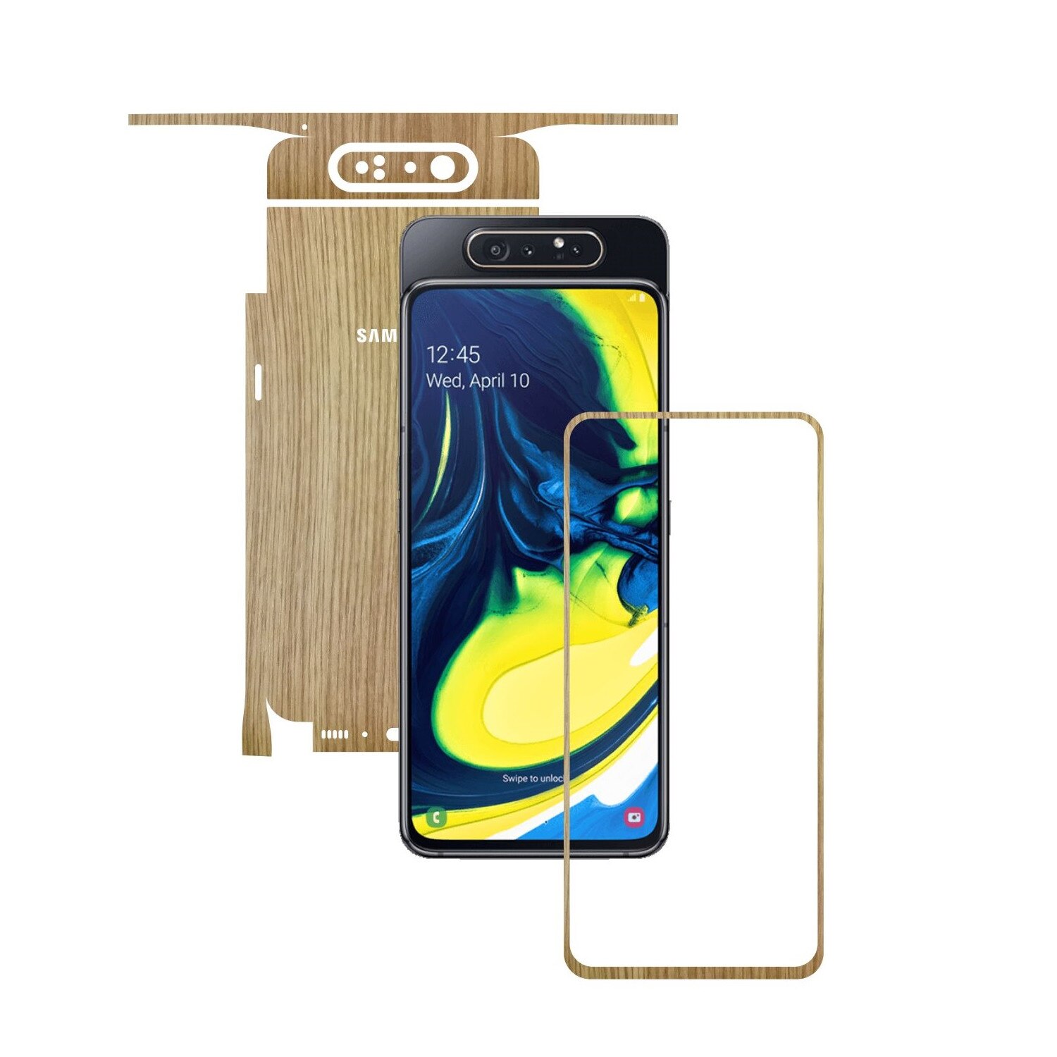 Folie Protectie Carbon Skinz pentru Samsung Galaxy A80 - Lemn Stejar 360 Cut, Skin Adeziv Full Body Cover pentru Rama Ecran, Carcasa Spate si Laterale