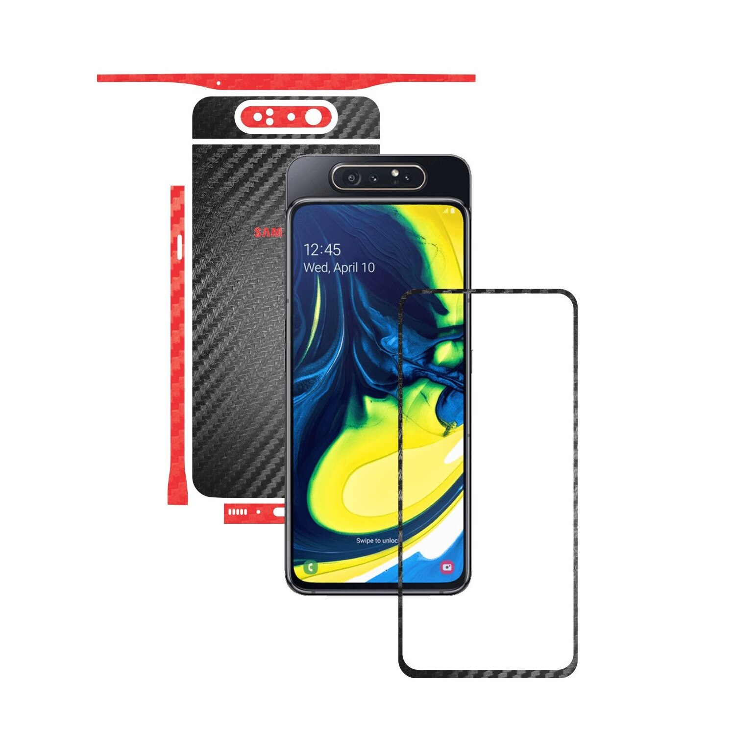 Folie Protectie Carbon Skinz pentru Samsung Galaxy A80 - Carbon Two Tone Negru / Rosu, Skin Adeziv Full Body Cover pentru Rama Ecran, Carcasa Spate si Laterale