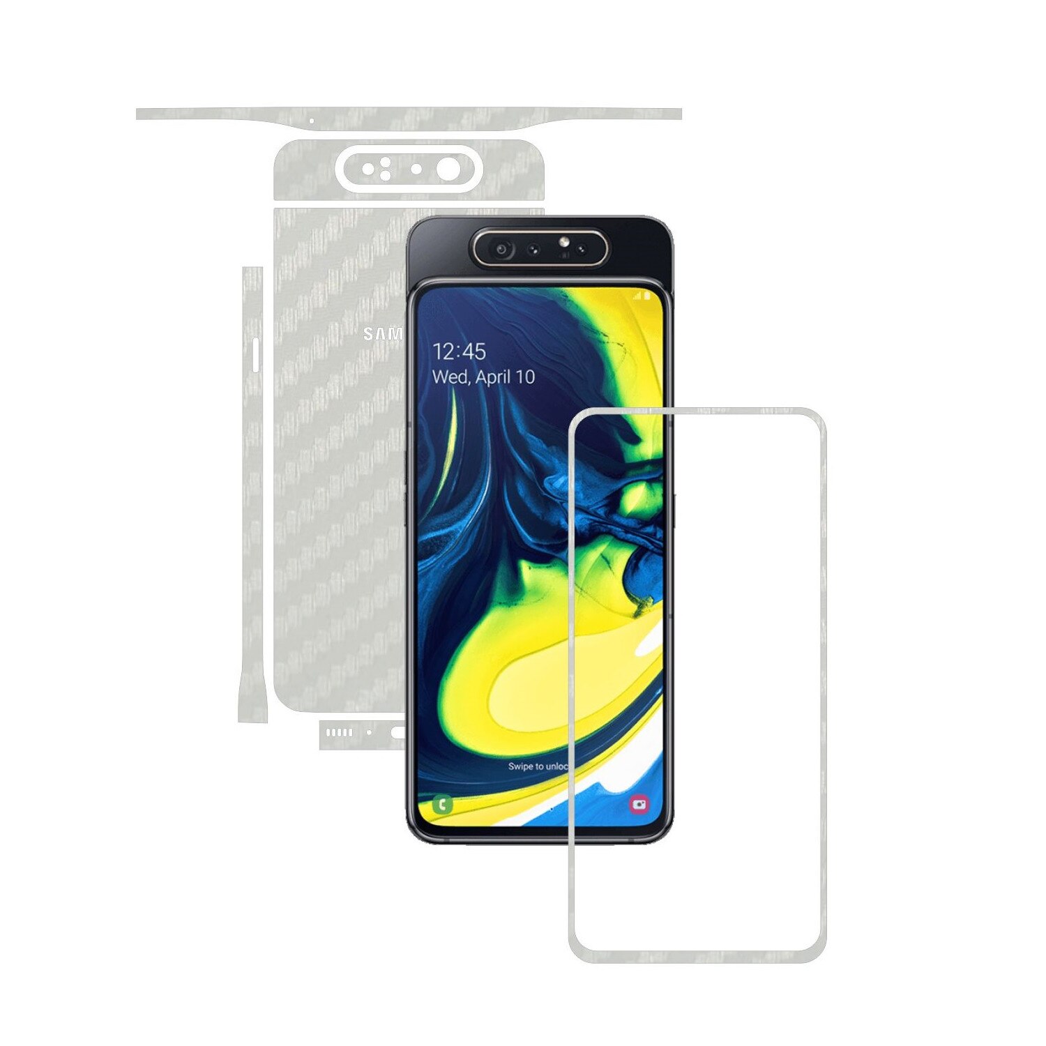 Folie Protectie Carbon Skinz pentru Samsung Galaxy A80 - Carbon Alb Split Cut, Skin Adeziv Full Body Cover pentru Rama Ecran, Carcasa Spate si Laterale