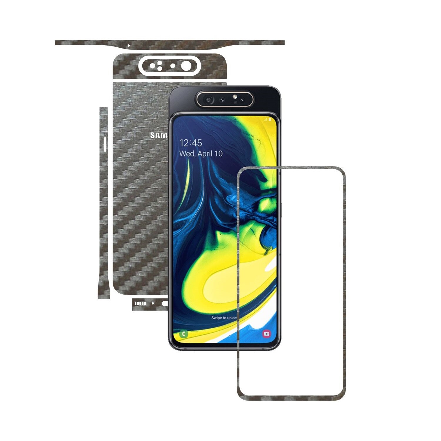 Folie Protectie Carbon Skinz pentru Samsung Galaxy A80 - Carbon Gri Argintiu Split Cut, Skin Adeziv Full Body Cover pentru Rama Ecran, Carcasa Spate si Laterale