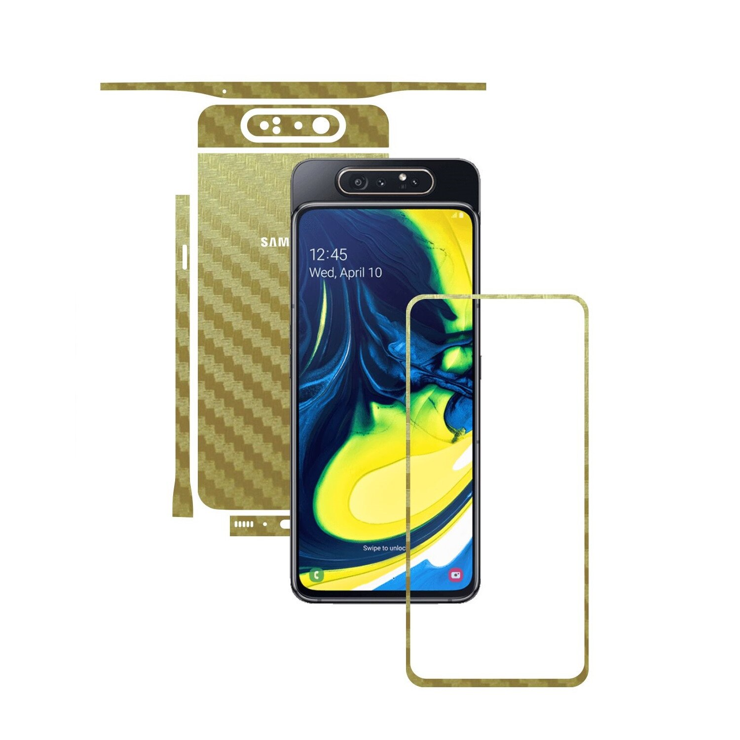 Folie Protectie Carbon Skinz pentru Samsung Galaxy A80 - Carbon Auriu Split Cut, Skin Adeziv Full Body Cover pentru Rama Ecran, Carcasa Spate si Laterale