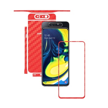 Folie Protectie Carbon Skinz pentru Samsung Galaxy A80 - Carbon Rosu Split Cut, Skin Adeziv Full Body Cover pentru Rama Ecran, Carcasa Spate si Laterale